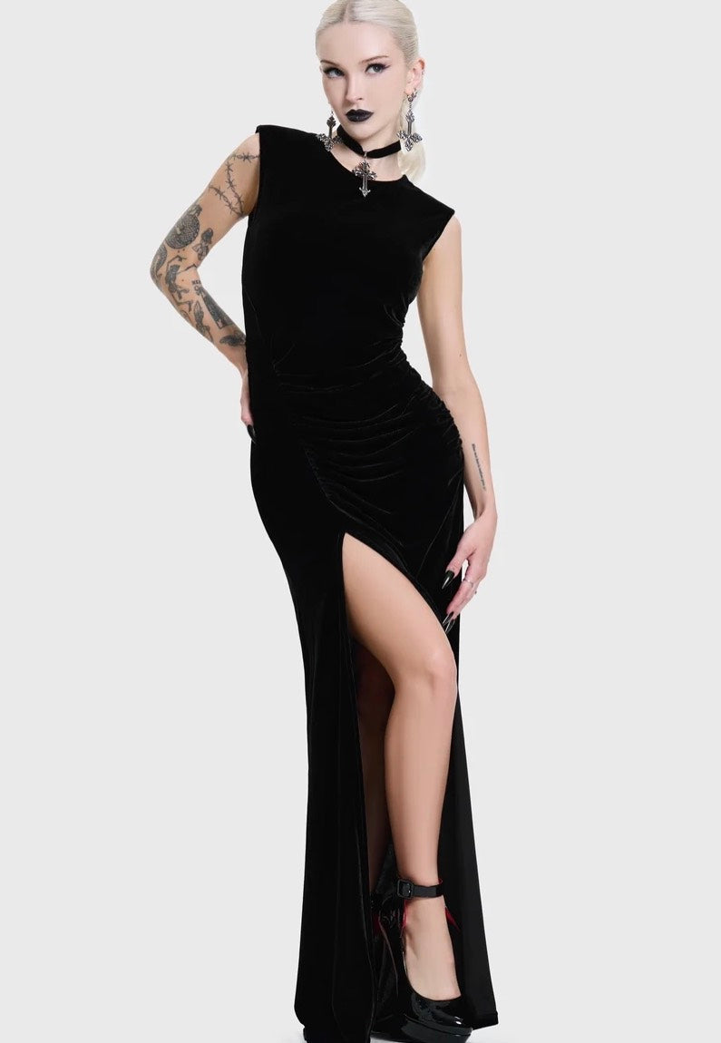 Killstar Nova Velvet Knot Maxi Black Kleid | Women-Image