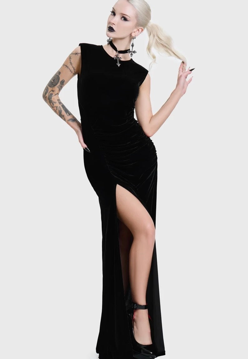 Killstar Nova Velvet Knot Maxi Black Kleid | Women-Image