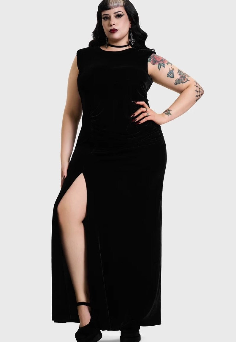 Killstar Nova Velvet Knot Maxi Black Kleid | Women-Image